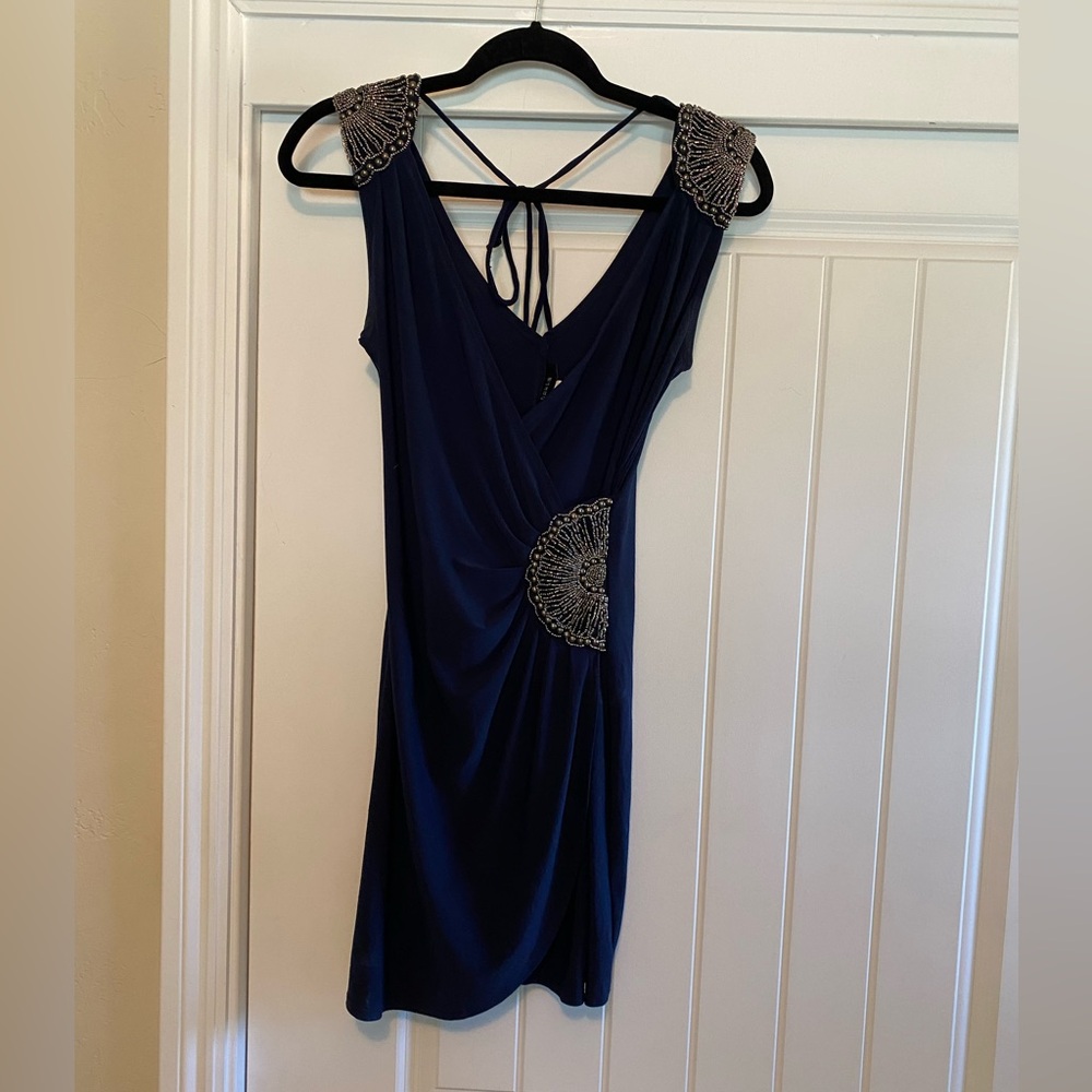 B Darlin Blue Sheath Mini Dress Spaghetti Strap Cocktail